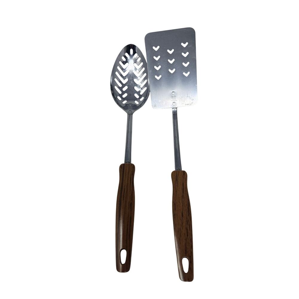 Vintage 80s Ekco Stainless Steel USA Slotted Spoon Spatula Plastic Wood Handle